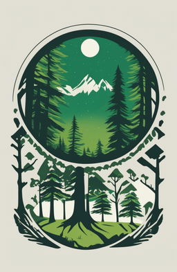 A high-quality image of a vibrant green graphic tee featuring a detailed, digital art design of a forest