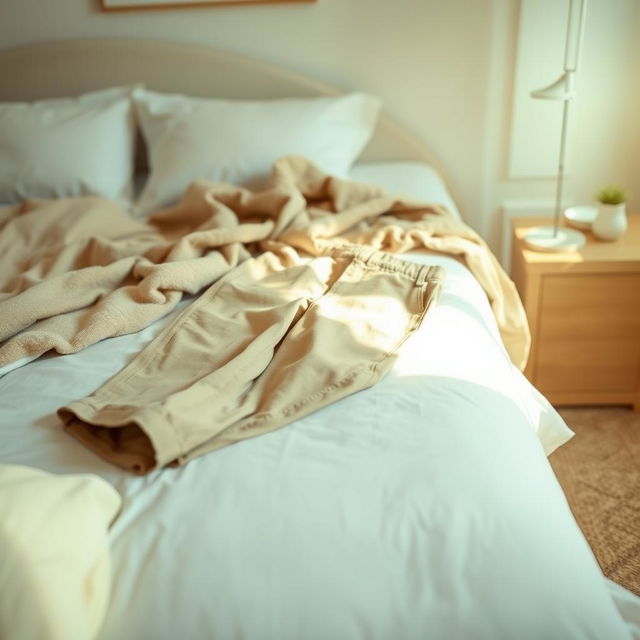 A pair of beige color trousers casually lying on a neatly made bed, with soft white sheets and a cozy comforter draped over the side