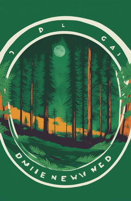 A high-quality image of a vibrant green graphic tee featuring a detailed, digital art design of a forest