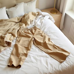 A pair of beige color trousers casually lying on a neatly made bed, with soft white sheets and a cozy comforter draped over the side