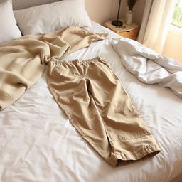 A pair of beige color trousers casually lying on a neatly made bed, with soft white sheets and a cozy comforter draped over the side