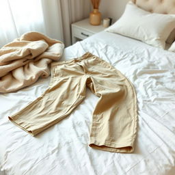 A pair of beige color trousers casually lying on a neatly made bed, with soft white sheets and a cozy comforter draped over the side