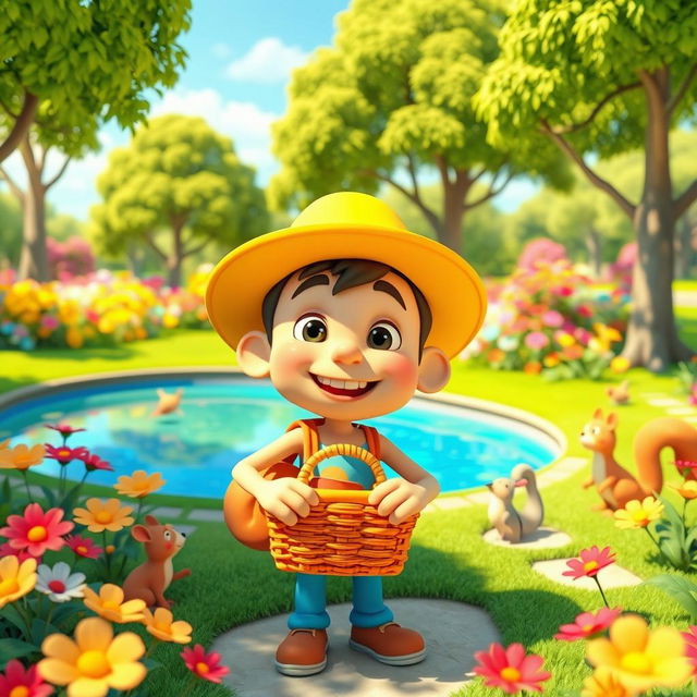 A vibrant 3D cartoon scene set in a sunny park filled with colorful flowers and lush green trees