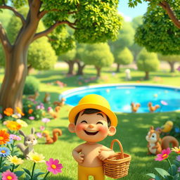 A vibrant 3D cartoon scene set in a sunny park filled with colorful flowers and lush green trees