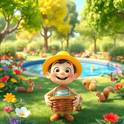 A vibrant 3D cartoon scene set in a sunny park filled with colorful flowers and lush green trees