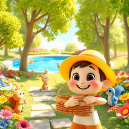 A vibrant 3D cartoon scene set in a sunny park filled with colorful flowers and lush green trees