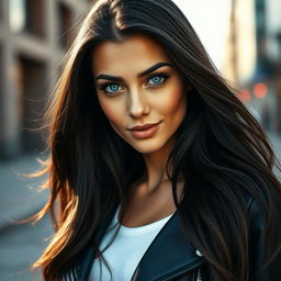 A realistic portrait of a female model with long, flowing dark hair and striking blue eyes, showcasing her features from a slightly lower angle to capture her beauty and confidence