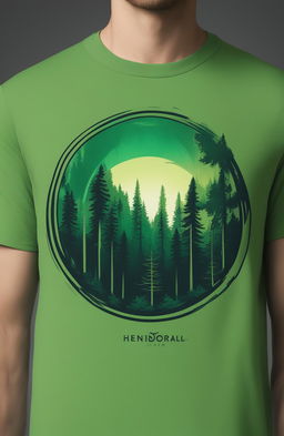 A high-quality image of a vibrant green graphic tee featuring a detailed, digital art design of a forest