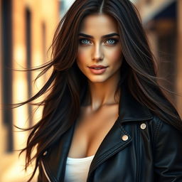 A realistic portrait of a female model with long, flowing dark hair and striking blue eyes, showcasing her features from a slightly lower angle to capture her beauty and confidence