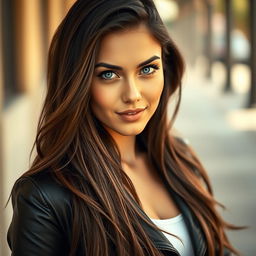 A realistic portrait of a female model with long, flowing dark hair and striking blue eyes, showcasing her features from a slightly lower angle to capture her beauty and confidence