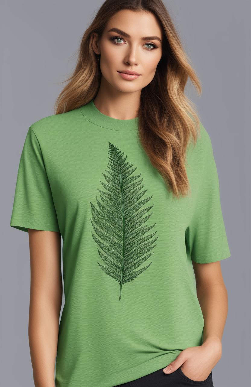 A high-resolution image of a green graphic tee with a detailed fern print