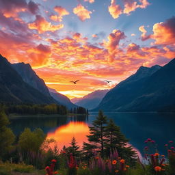 A serene landscape featuring a tranquil lake surrounded by majestic mountains, reflecting the vivid colors of a vibrant sunset