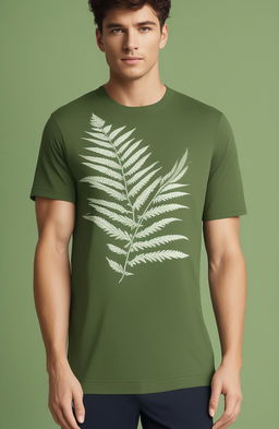 A high-resolution image of a green graphic tee with a detailed fern print