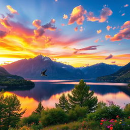 A serene landscape featuring a tranquil lake surrounded by majestic mountains, reflecting the vivid colors of a vibrant sunset