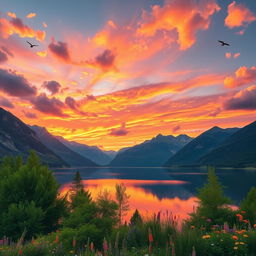 A serene landscape featuring a tranquil lake surrounded by majestic mountains, reflecting the vivid colors of a vibrant sunset