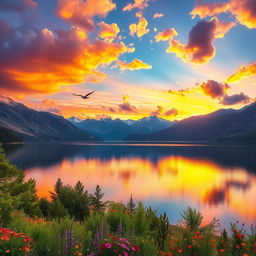 A serene landscape featuring a tranquil lake surrounded by majestic mountains, reflecting the vivid colors of a vibrant sunset