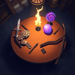 An anime-style fantasy illustration showcasing a sturdy tavern table viewed from above in a dimly lit room