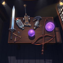 An anime-style fantasy illustration showcasing a sturdy tavern table viewed from above in a dimly lit room