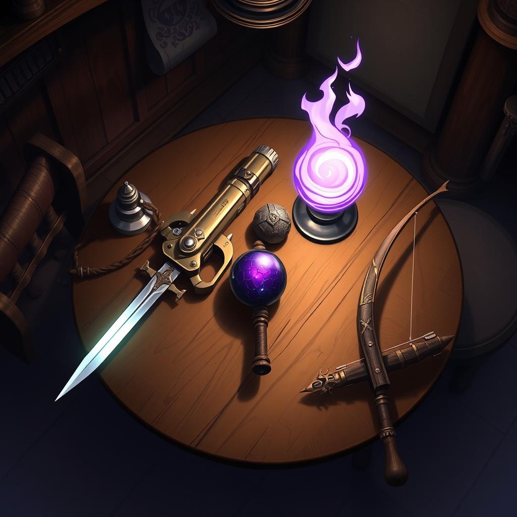 An anime-style fantasy illustration showcasing a sturdy tavern table viewed from above in a dimly lit room