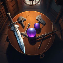 An anime-style fantasy illustration showcasing a sturdy tavern table viewed from above in a dimly lit room
