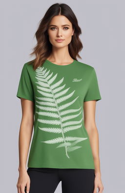 A high-resolution image of a green graphic tee with a detailed fern print