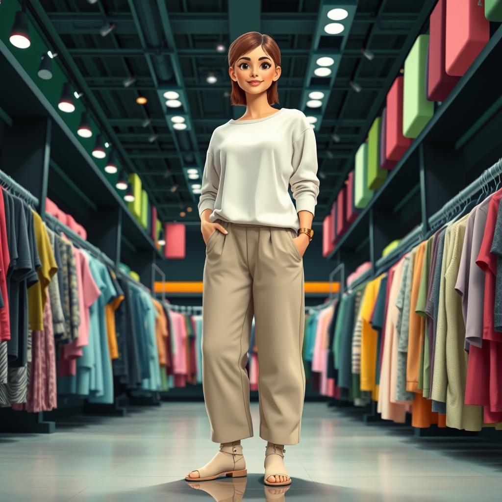 A large, beautiful cartoon model standing in a big clothing store with black and green decor