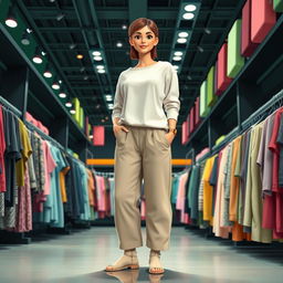 A large, beautiful cartoon model standing in a big clothing store with black and green decor