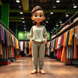 A large, beautiful cartoon model standing in a big clothing store with black and green decor