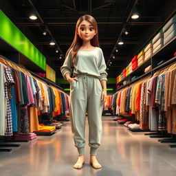 A large, beautiful cartoon model standing in a big clothing store with black and green decor