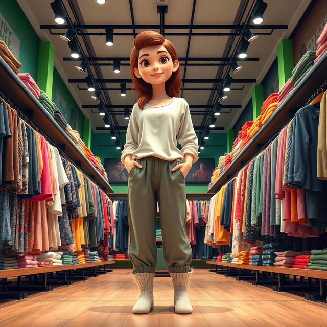 A large, beautiful cartoon model standing in a big clothing store with black and green decor