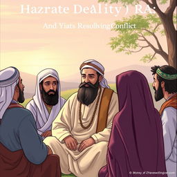 Hazrat Ali (RA) peacefully resolving a conflict in a calm and serene setting, symbolizing patience and peace