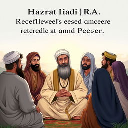 Hazrat Ali (RA) peacefully resolving a conflict in a calm and serene setting, symbolizing patience and peace