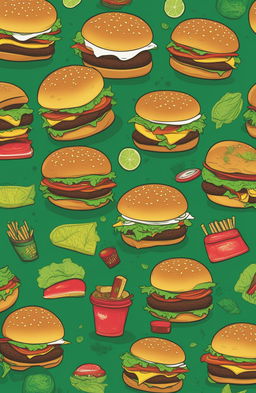 A high-quality image of a lively green graphic tee with a fun, cartoonish burger print