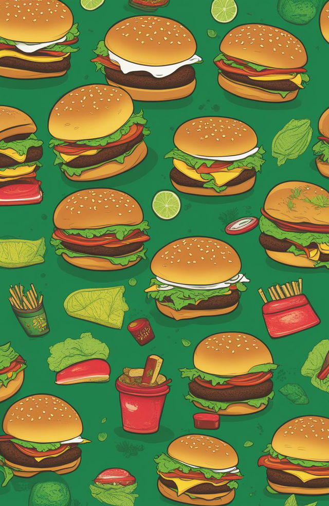 A high-quality image of a lively green graphic tee with a fun, cartoonish burger print