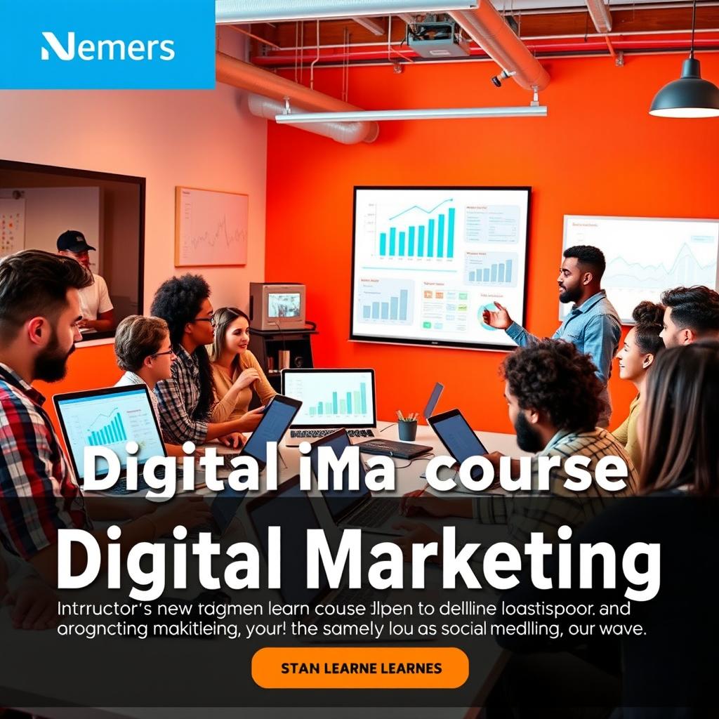 A vibrant and engaging digital marketing course promotional image, featuring a diverse group of adult learners participating in a dynamic online class setting