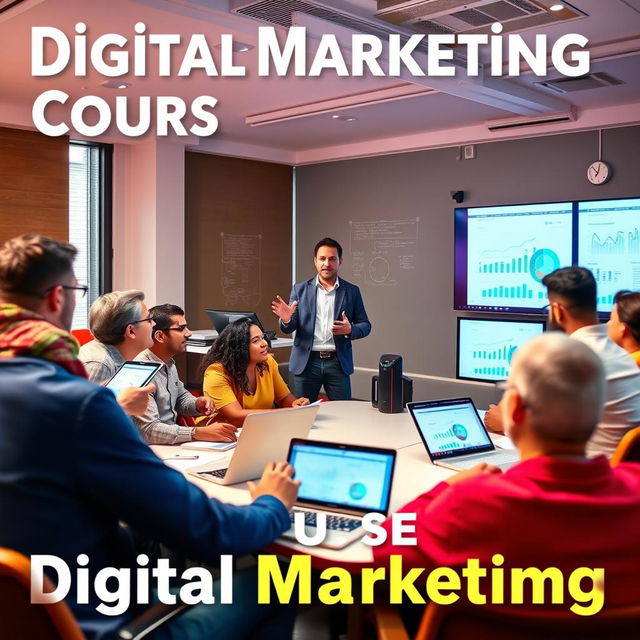 A vibrant and engaging digital marketing course promotional image, featuring a diverse group of adult learners participating in a dynamic online class setting