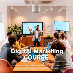 A vibrant and engaging digital marketing course promotional image, featuring a diverse group of adult learners participating in a dynamic online class setting