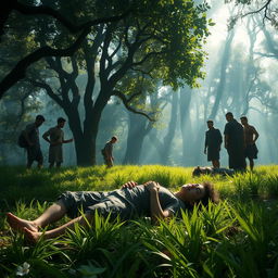 In a serene forest setting, a young man named Bagas lies unconscious on the lush green grass, surrounded by dappled sunlight filtering through the dense canopy of trees above