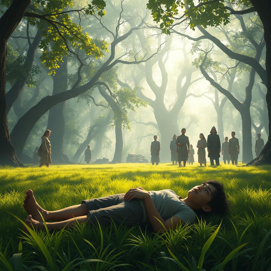 In a serene forest setting, a young man named Bagas lies unconscious on the lush green grass, surrounded by dappled sunlight filtering through the dense canopy of trees above