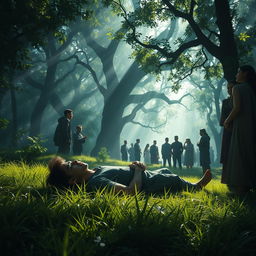 In a serene forest setting, a young man named Bagas lies unconscious on the lush green grass, surrounded by dappled sunlight filtering through the dense canopy of trees above