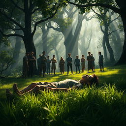 In a serene forest setting, a young man named Bagas lies unconscious on the lush green grass, surrounded by dappled sunlight filtering through the dense canopy of trees above