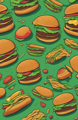 A high-quality image of a lively green graphic tee with a fun, cartoonish burger print