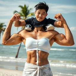 A strong Indonesian woman wearing a tight white button-up crop top and low-waist batik cloth, showcasing her muscular physique with big biceps and detailed six-pack abs