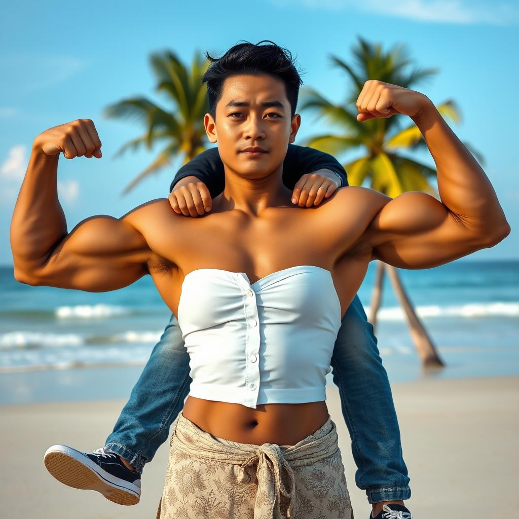 A strong Indonesian woman wearing a tight white button-up crop top and low-waist batik cloth, showcasing her muscular physique with big biceps and detailed six-pack abs