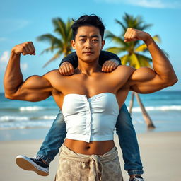 A strong Indonesian woman wearing a tight white button-up crop top and low-waist batik cloth, showcasing her muscular physique with big biceps and detailed six-pack abs