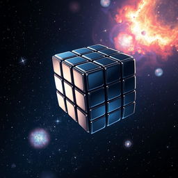 An eye-catching anime-style fantasy illustration of a black Rubik’s cube floating serenely in the vastness of space