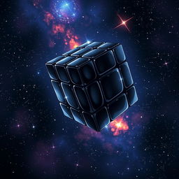An eye-catching anime-style fantasy illustration of a black Rubik’s cube floating serenely in the vastness of space
