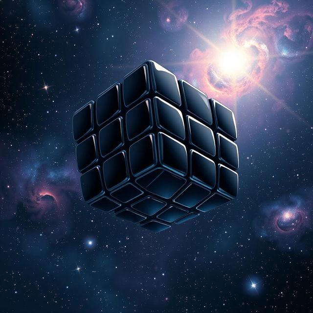 An eye-catching anime-style fantasy illustration of a black Rubik’s cube floating serenely in the vastness of space