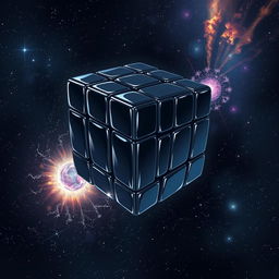 An eye-catching anime-style fantasy illustration of a black Rubik’s cube floating serenely in the vastness of space