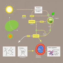 A detailed and visually engaging illustration showcasing the connection between three key biological processes: photosynthesis (both light and dark reactions), glycolysis, and the Kreb's cycle